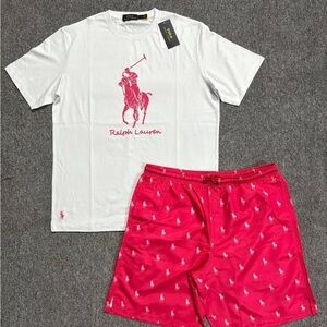 Ralph Lauren White Tee and Red Shorts Set Unisex